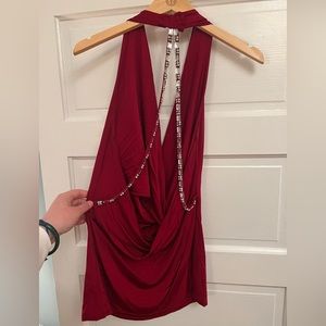 Draped front top with jeweled back strap detailing